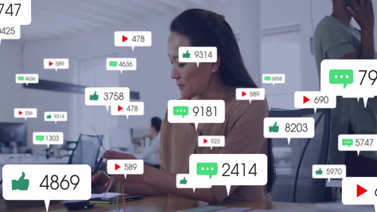 Animation of multiple notification bars over asian woman using graphics tablet in office