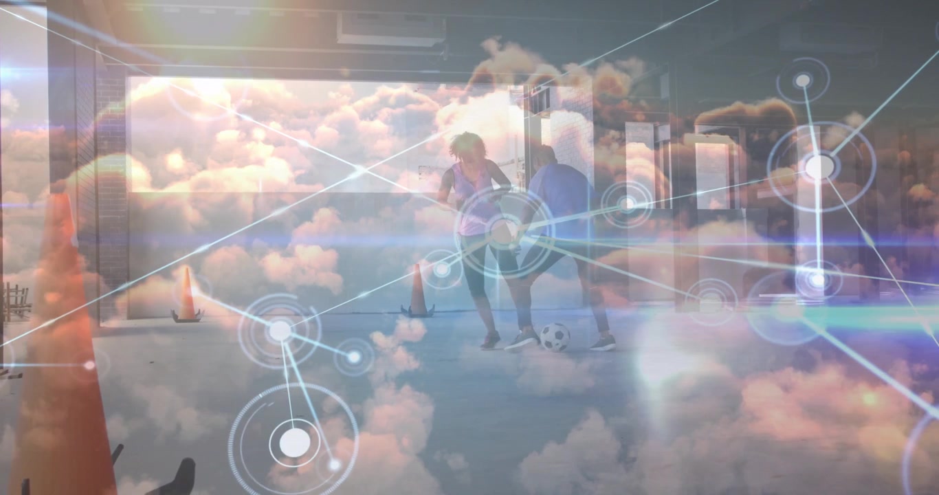 Animation of data processing over african american male and female soccer players exercising