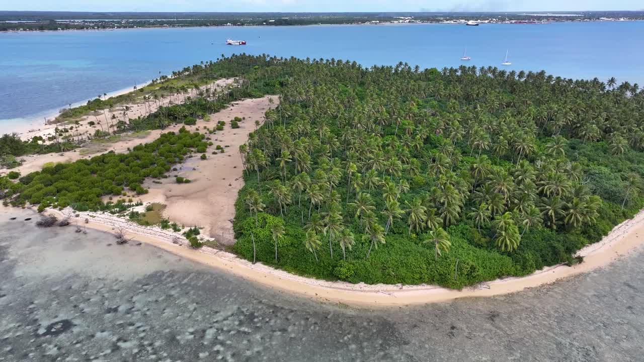 Small tropical island with sand dune and palm trees, Tonga coastal landscape. Drone panoramic