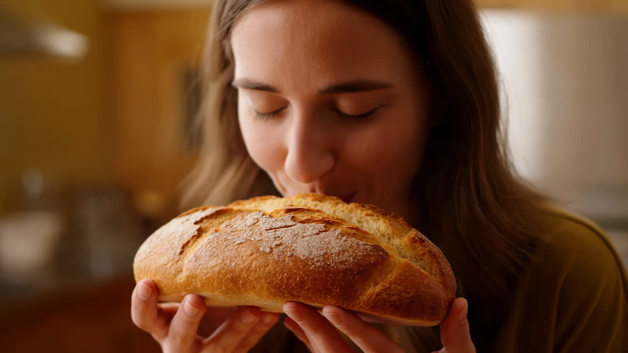 Young Woman Smiling Holding Loaf, Smelling Warm Sourdough In Cozy Kitchen, Home Baker Closes Eyes And Inhales