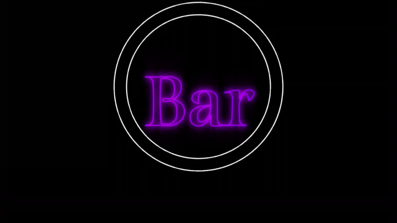 Digital animation of circular shape over neon purple bar signboard against black background