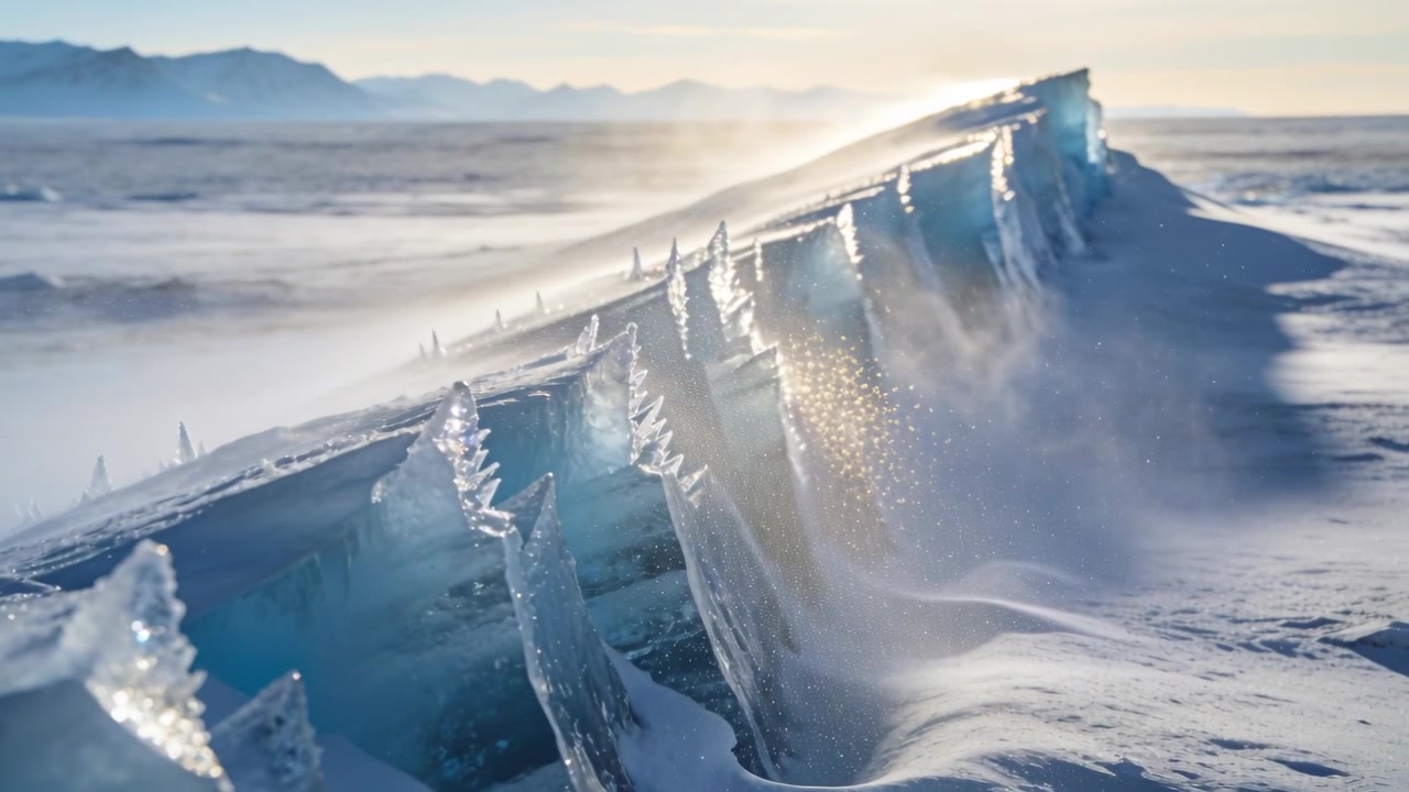 Viento que sopla creando una cresta de hielo azul irregular que desprende cristales sobre una llanura congelada, con el sol bajo brillando