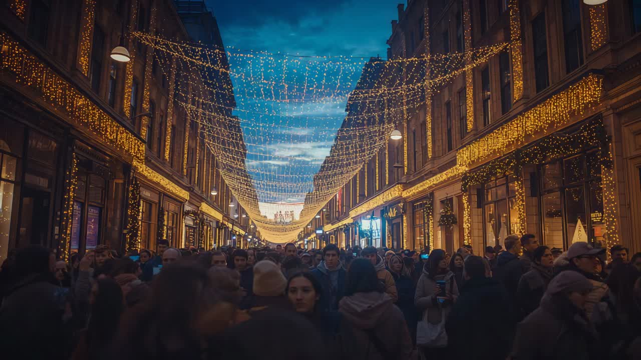 Entering frame two winter-clad individuals guiding growing crowd under warm lights toward horizon
