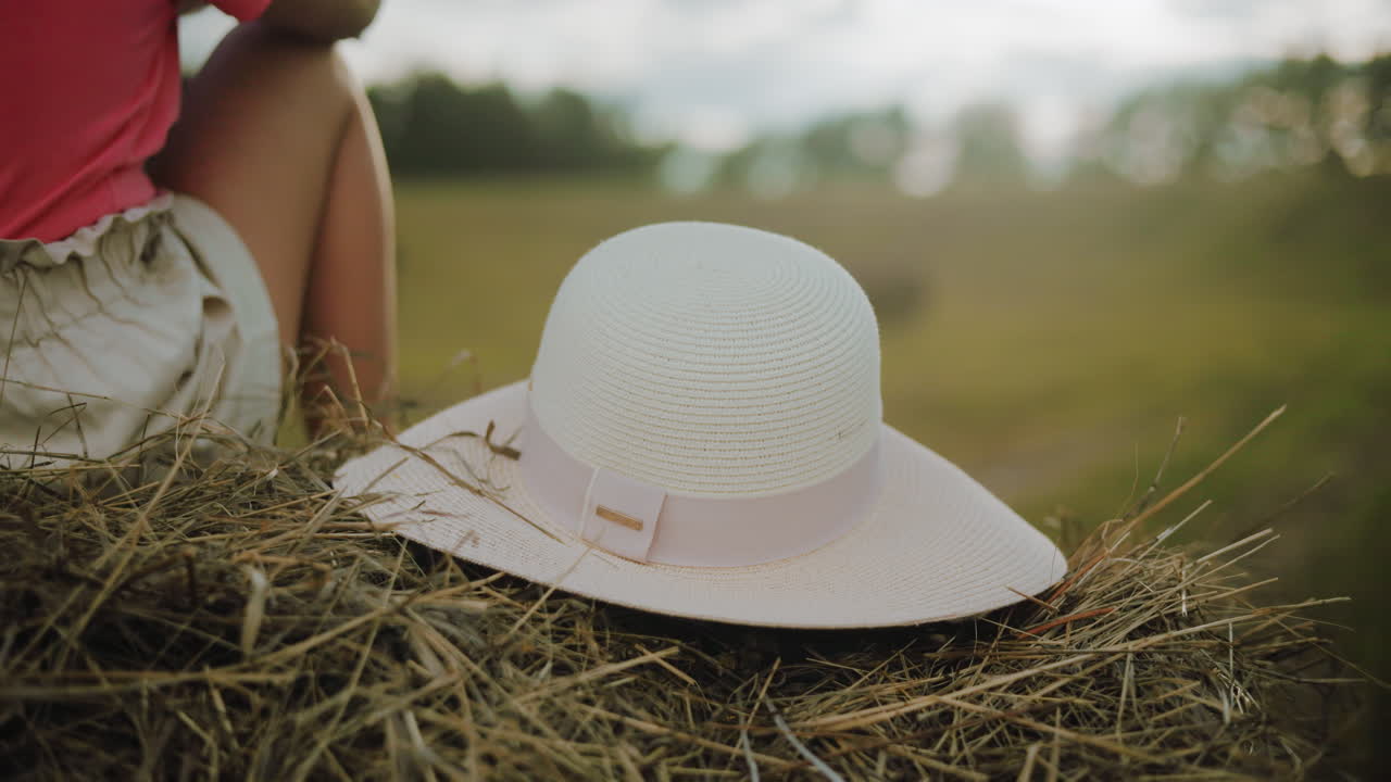 elegante sombrero de sol blanco descansa en la bala de heno con la persona sentada a su lado, bañado en la cálida luz dorada del sol, el fondo borroso muestra el campo abierto del campo, los árboles lejanos