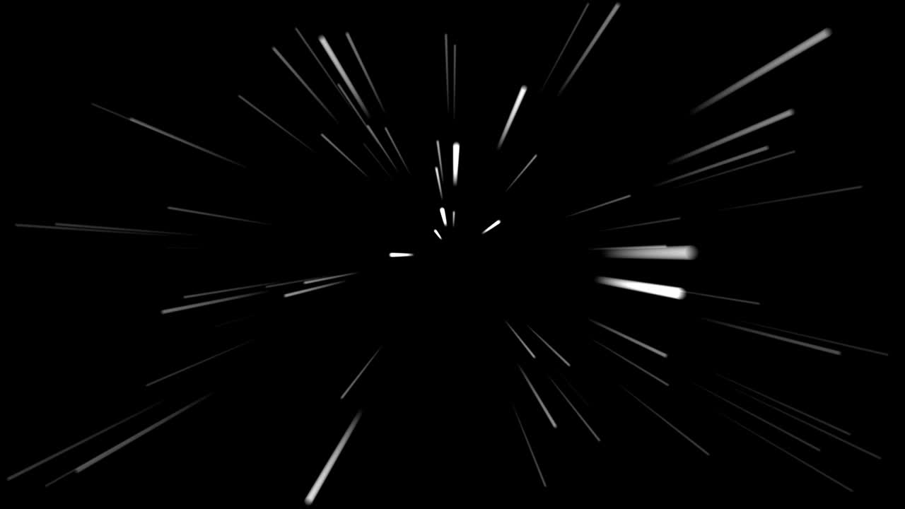 Seamless loop animation of fine white light streaks or stars radiating rapidly outwards from center on black. Hyperspace jump or sci-fi background