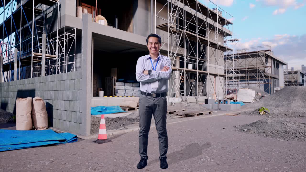 Full Body Shot Captures Of An Asian Male Professional Worker Standing At Construction Site in Progress to New House, His Broad Smile At The Camera And Cross His Arm Over His Chest