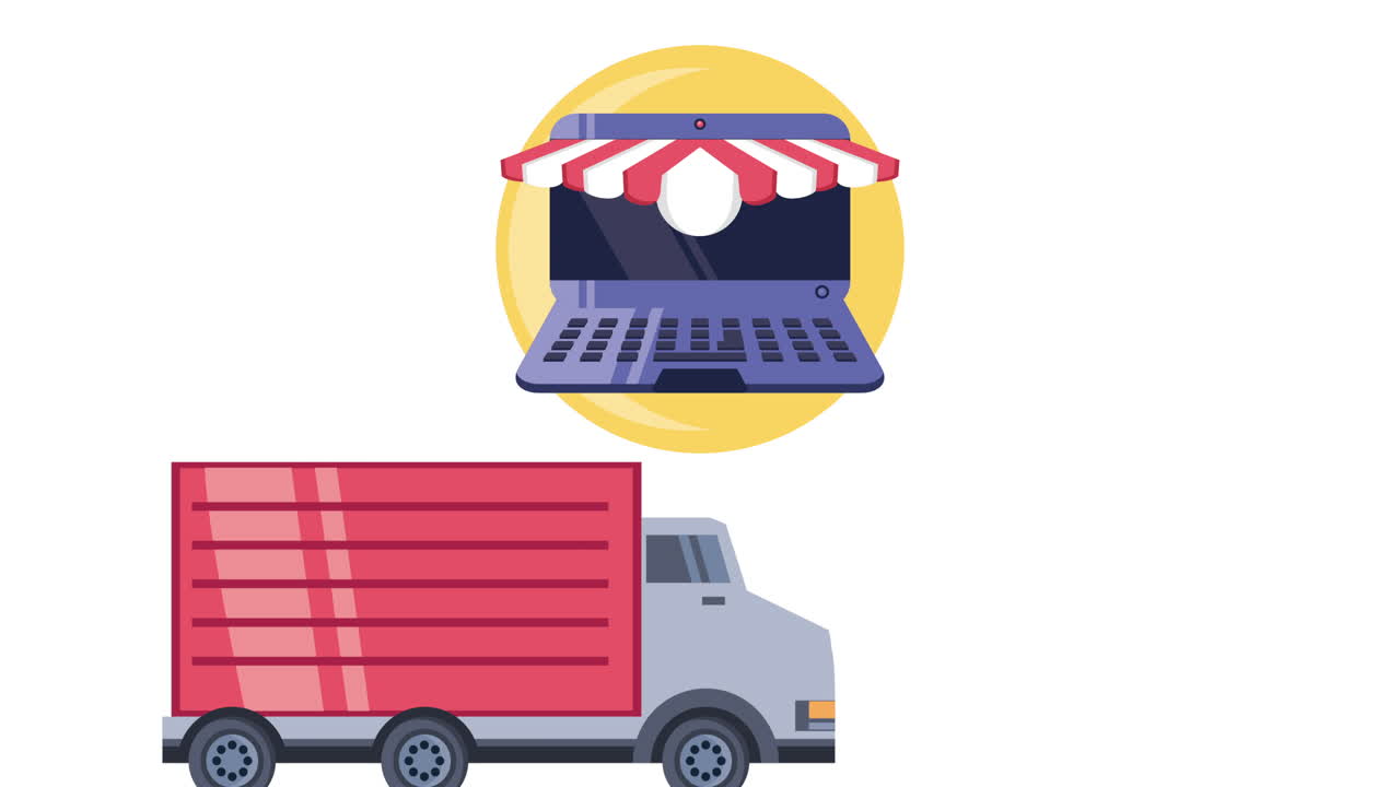 delivery service with laptop and truck animation