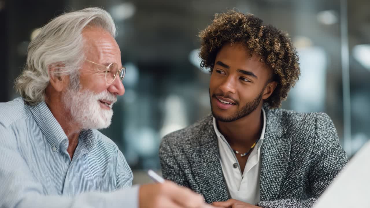A meaningful conversation between two individuals, showcasing the connection across generations as they engage in a thoughtful discussion at a modern workplace setting, highlighting the importance of communication and collaboration