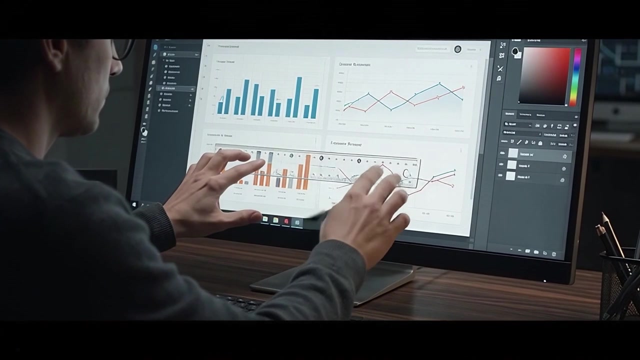 Professional Designer Editing Data Charts on Touchscreen Monitor