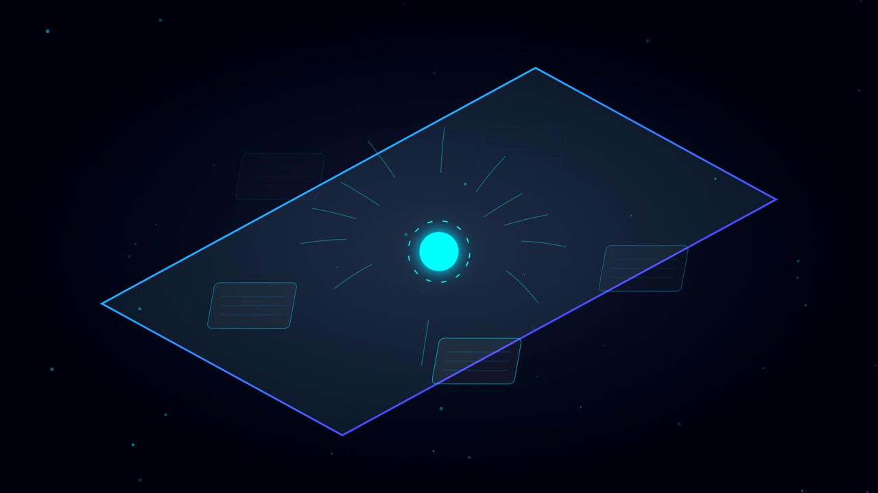 Interface digital abstrata com luz pulsante e painéis de dados flutuantes