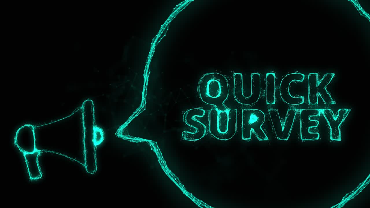 estandarte de megáfono con burbuja de habla y texto encuesta rápida. estilo plexus de puntos y líneas brillantes verdes