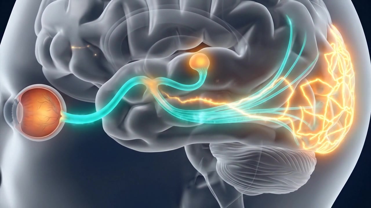 Hjernens sideprofil med orange øje og farverig neural bane til den bagerste region