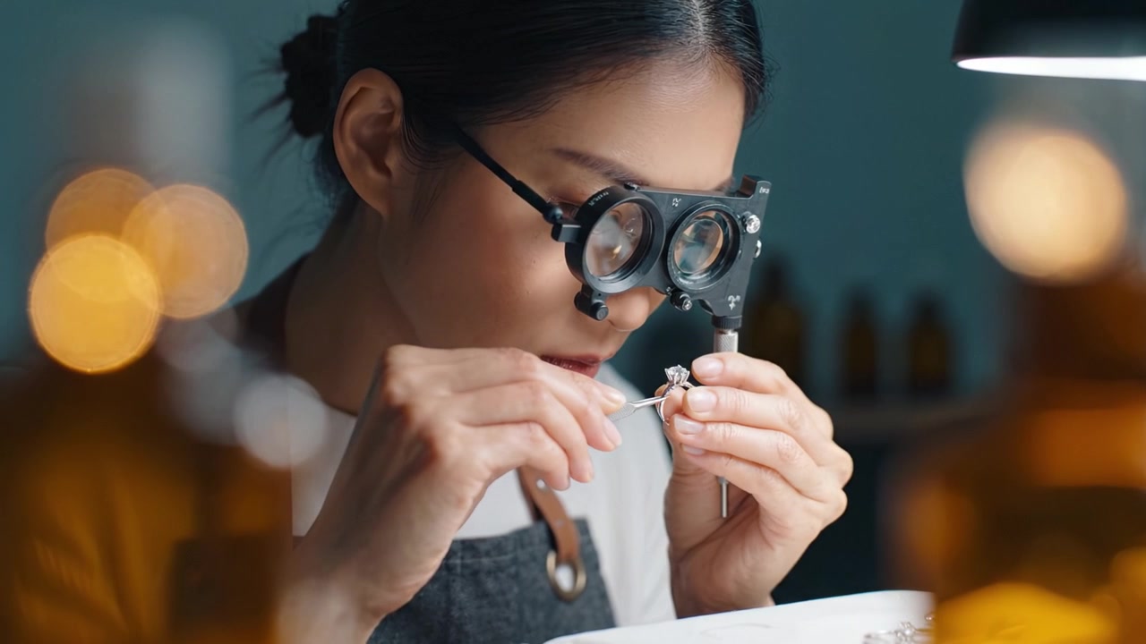 Creazione di gioielli intricati: un abile artigiano si concentra intensamente sotto ingrandimento, perfezionando dettagli delicati con precisione e cura in un ambiente di laboratorio luminoso.