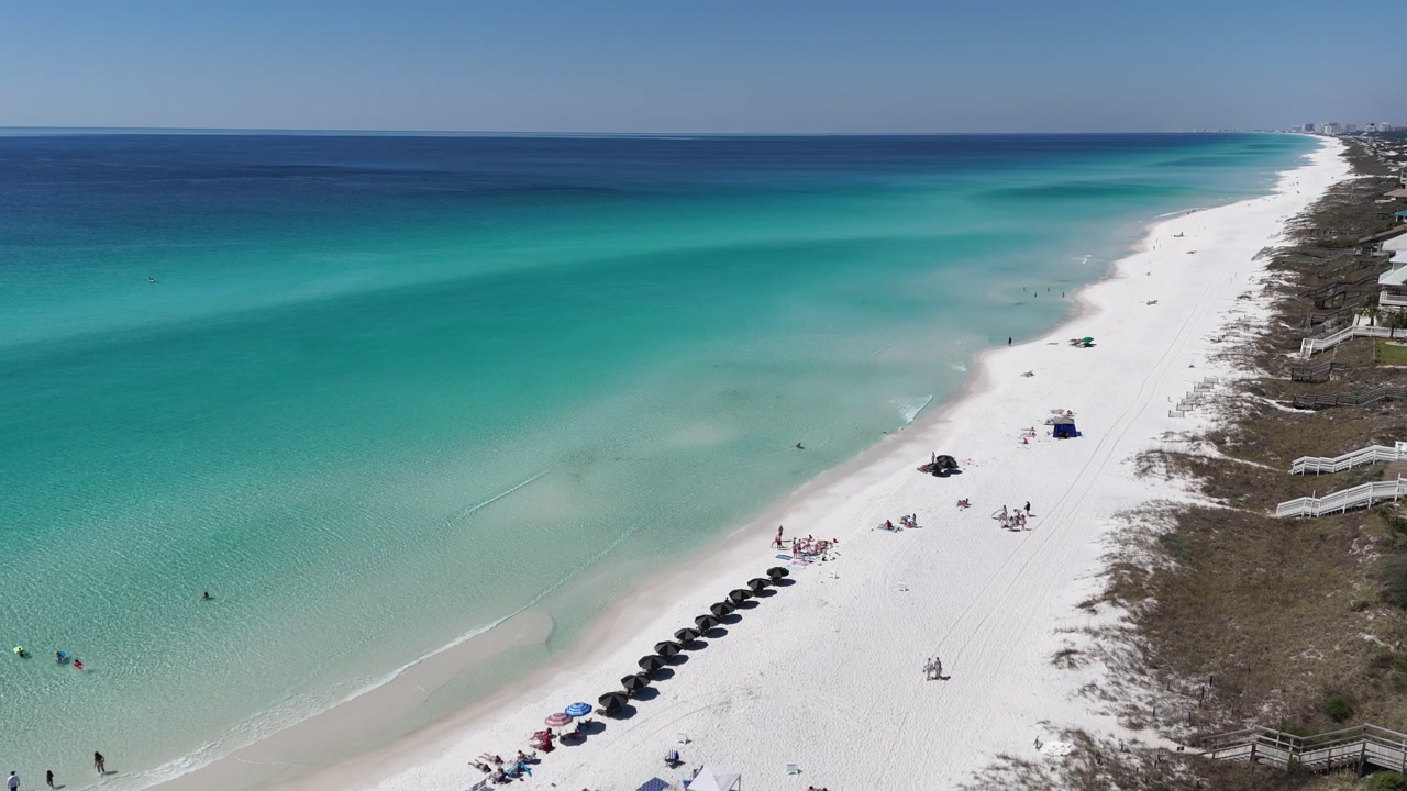 Wide aerial shot of resort environment of crystal clear Gulf at Panama City Beach, Florida, USA