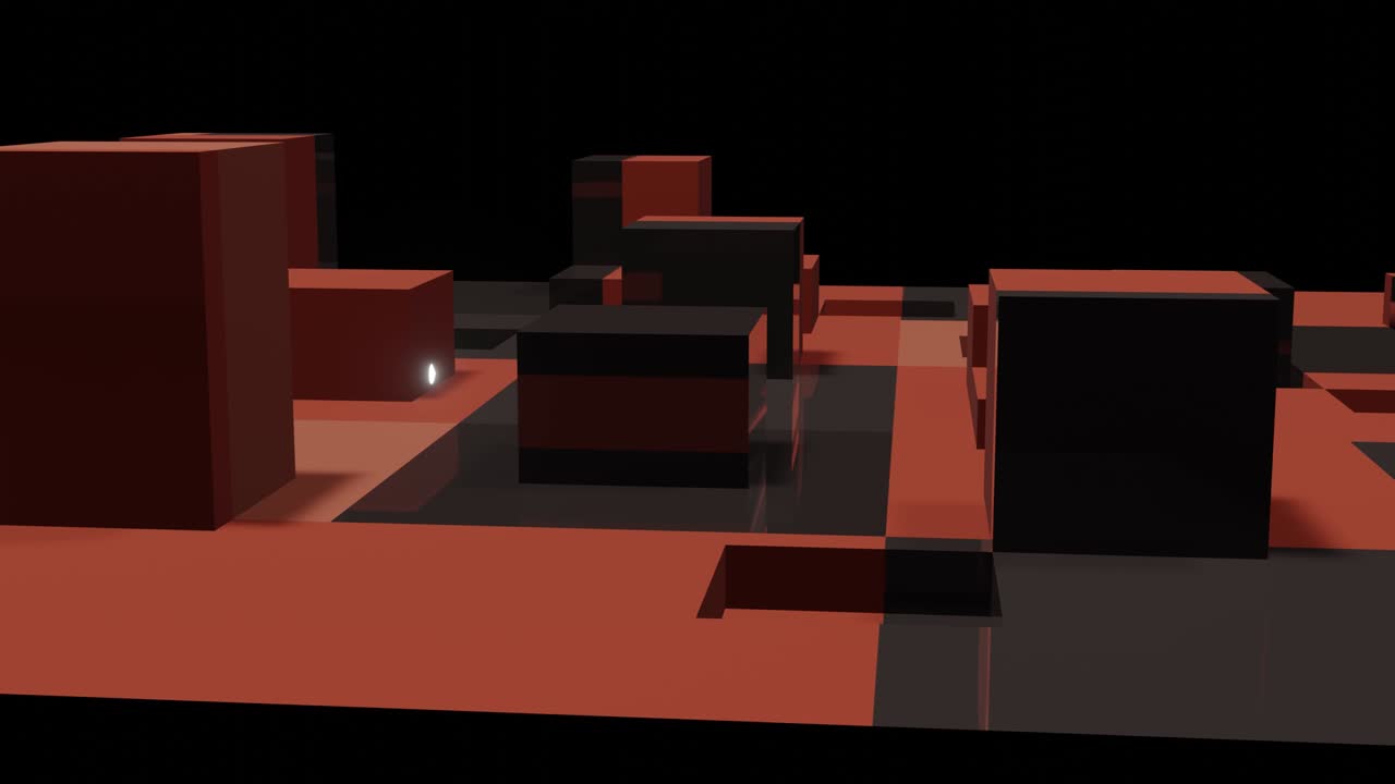 Abstract 3D render background made of cubical structures. A glowing spherical light zipping all over the place.