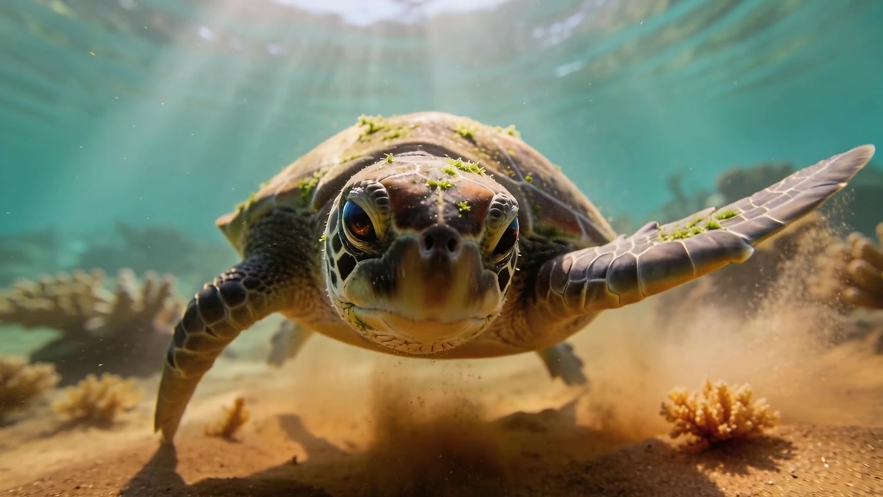Pushing off sandy seabed, green sea turtle moving toward camera at shallow reef, stirring sediment
