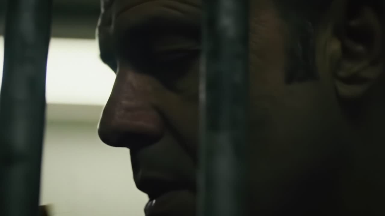 Uno sguardo inquietante attraverso le sbarre: le intense emozioni di un uomo dietro le mura del carcere catturate in dettagli sorprendenti e crudo realismo