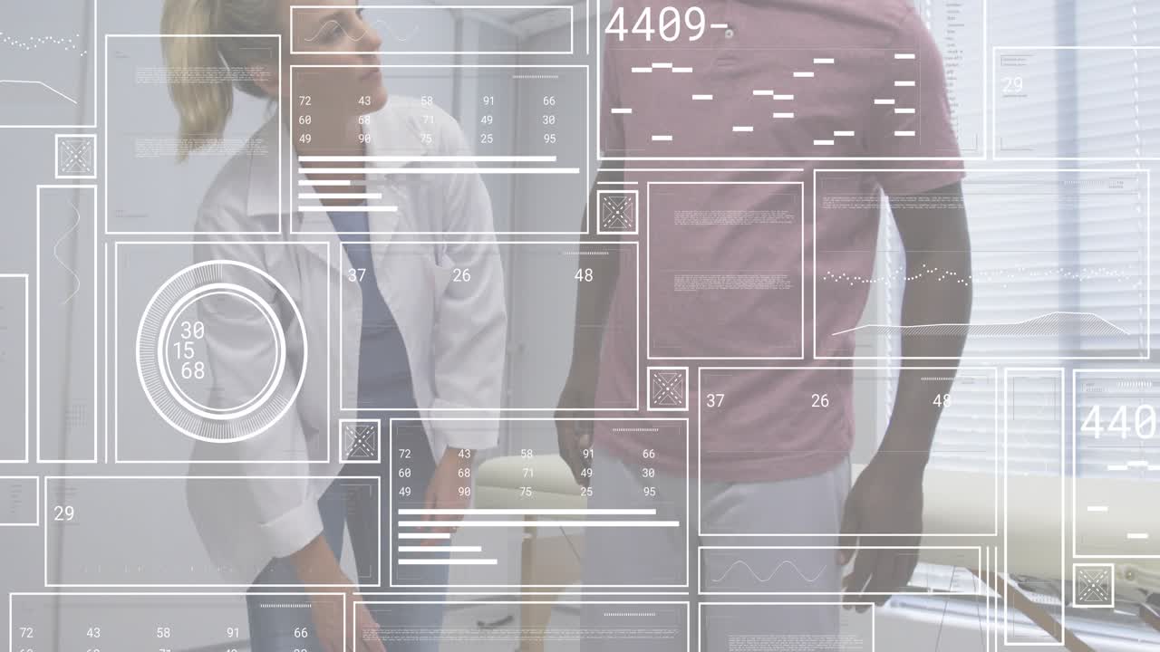 Clinician palpating and rotating patient knee after leg extension, medical HUD tracking range data