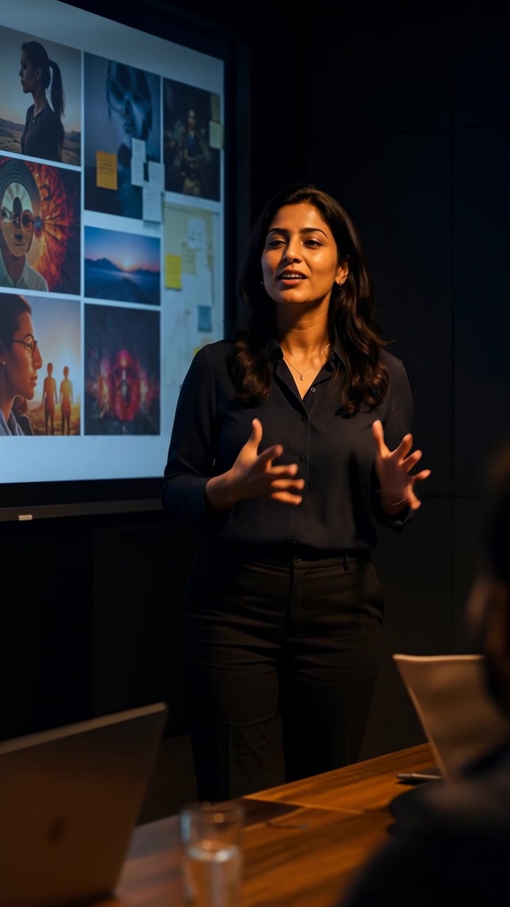 Donna professionista tiene una presentazione persuasiva accanto a un grande display illuminato, pieno di miniature colorate e note adesive, mentre si rivolge a un pubblico seduto in una sala riunioni in penombra