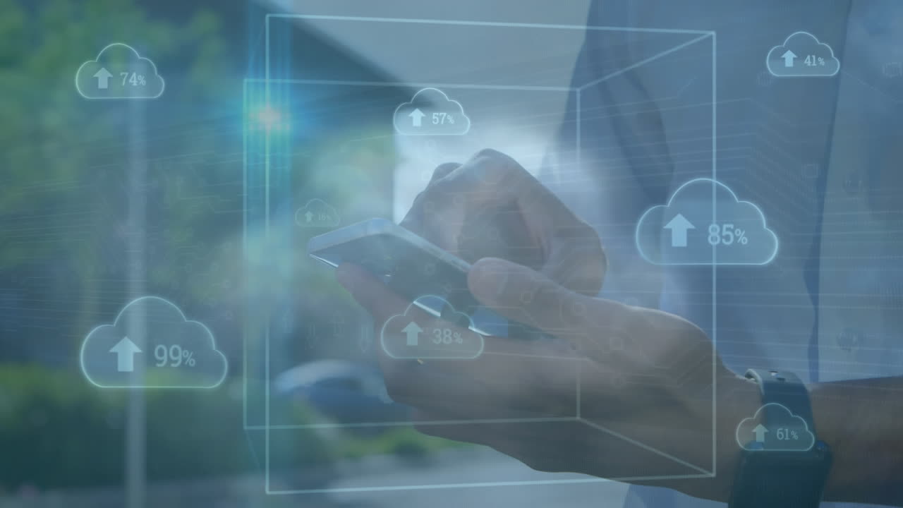 animación de flechas, números cambiantes, flecha en las nubes, sección media de un hombre biracial usando un teléfono móvil