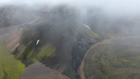 aerial drone shot over landmannalaugar landscape in the clouds. iceland