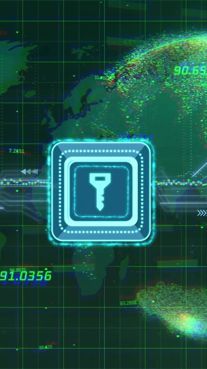Digital key icon and data encryption animation over world map and globe