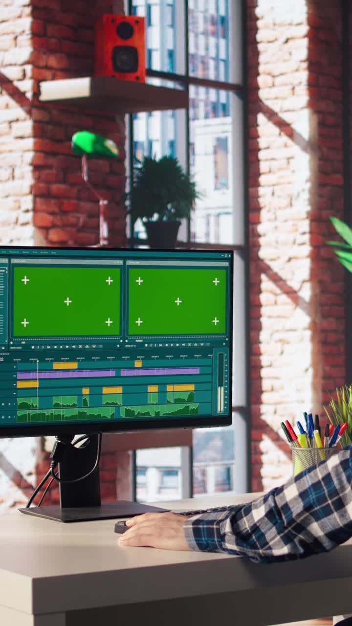 Vertical video Man using mouse to edit movie project footage on chroma key PC