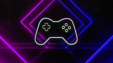 Animation-Des-Gamepad-Symbols-Und-Der-Sich-Bewegenden-Neonformen-Auf-Schwarzem-Hintergrund