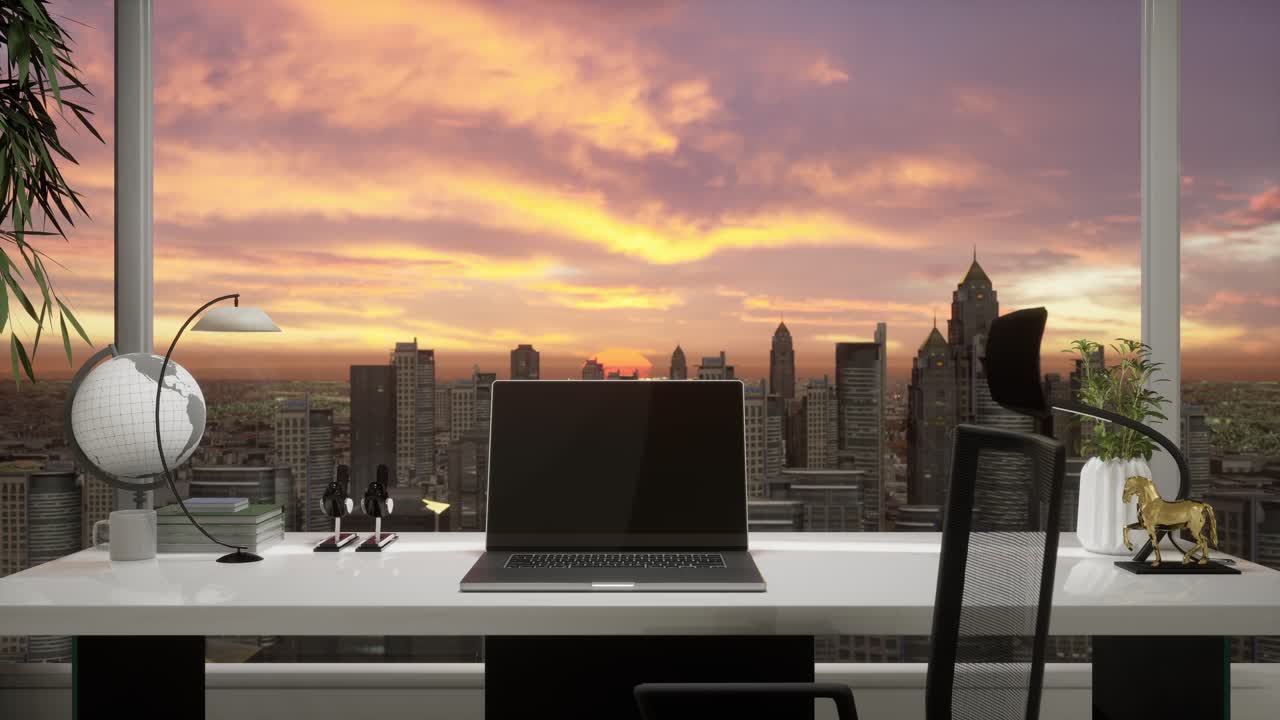 Uma Mesa de Escritório Minimalista com a Tela de um Laptop em Branco e uma Vista da Cidade ao Pôr do Sol