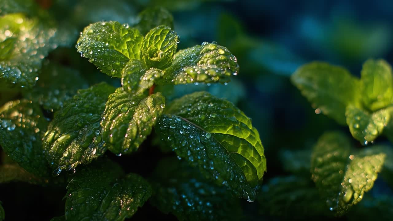 Vibrant Green Mint Leaves Sparkling with Fresh Dew Drops Under Soft Morning Light, Showcasing Nature's Beauty and Refreshing Essence in an Enchanting Close-Up