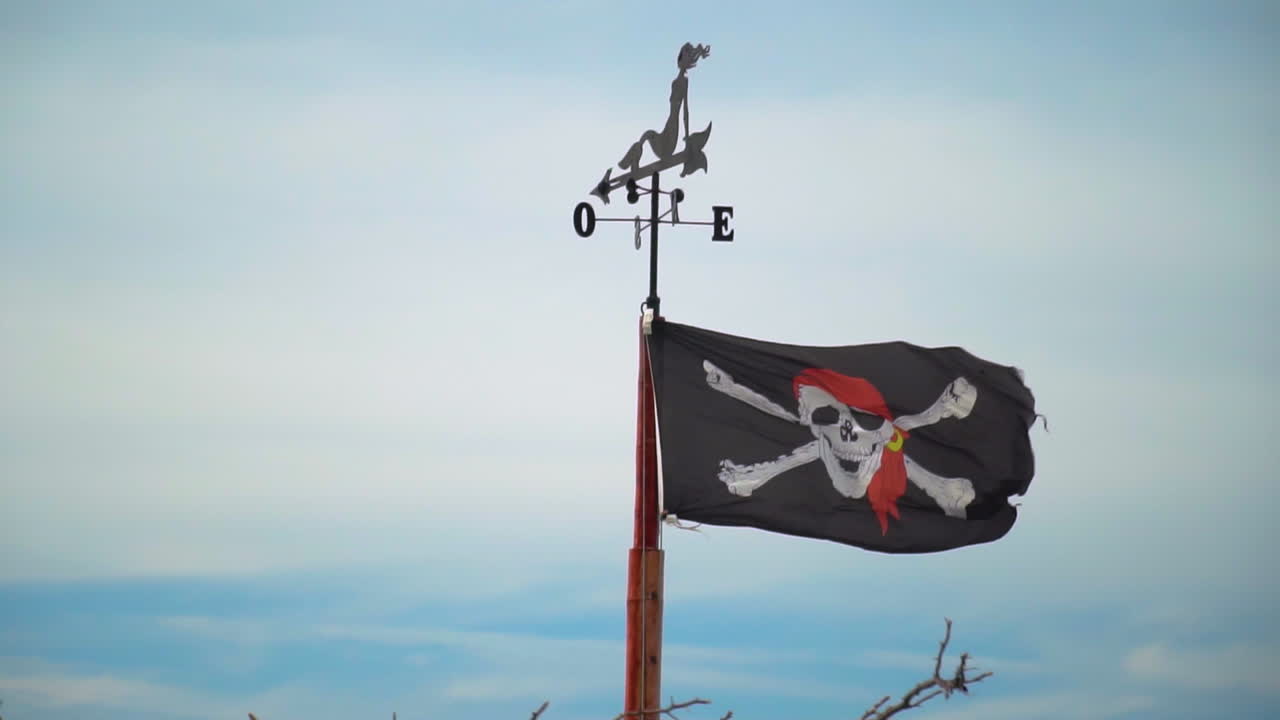 Black Pirate Flag with Skull and Bones Waving In Slow Motion