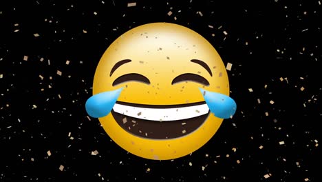 Animation-of-happy-emoji-icon-over-falling-confetti-on-black-background