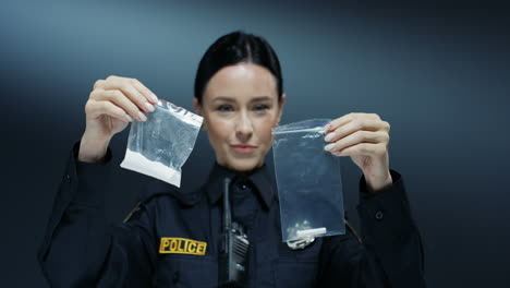 young attractive policewoman holding two plastic bags with crime proves in hands with white powder like cocaine and cigarette butts examining them