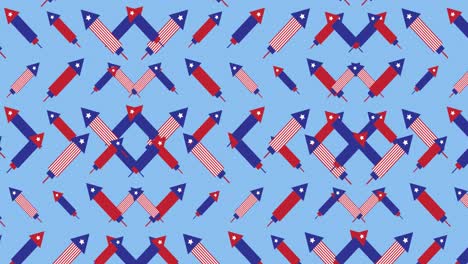 Animation-Von-Feuerwerkskörpern-Mit-Amerikanischer-Flagge,-Die-Sich-über-Blauem-Hintergrund-Bewegt