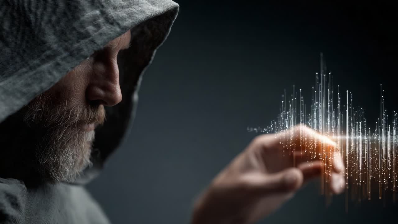 A Mysterious Figure Wielding Energy: The Journey of a Hooded Sage Channeling Vibrant Light and Sound Waves Through His Fingers, Blending Magic and Technology