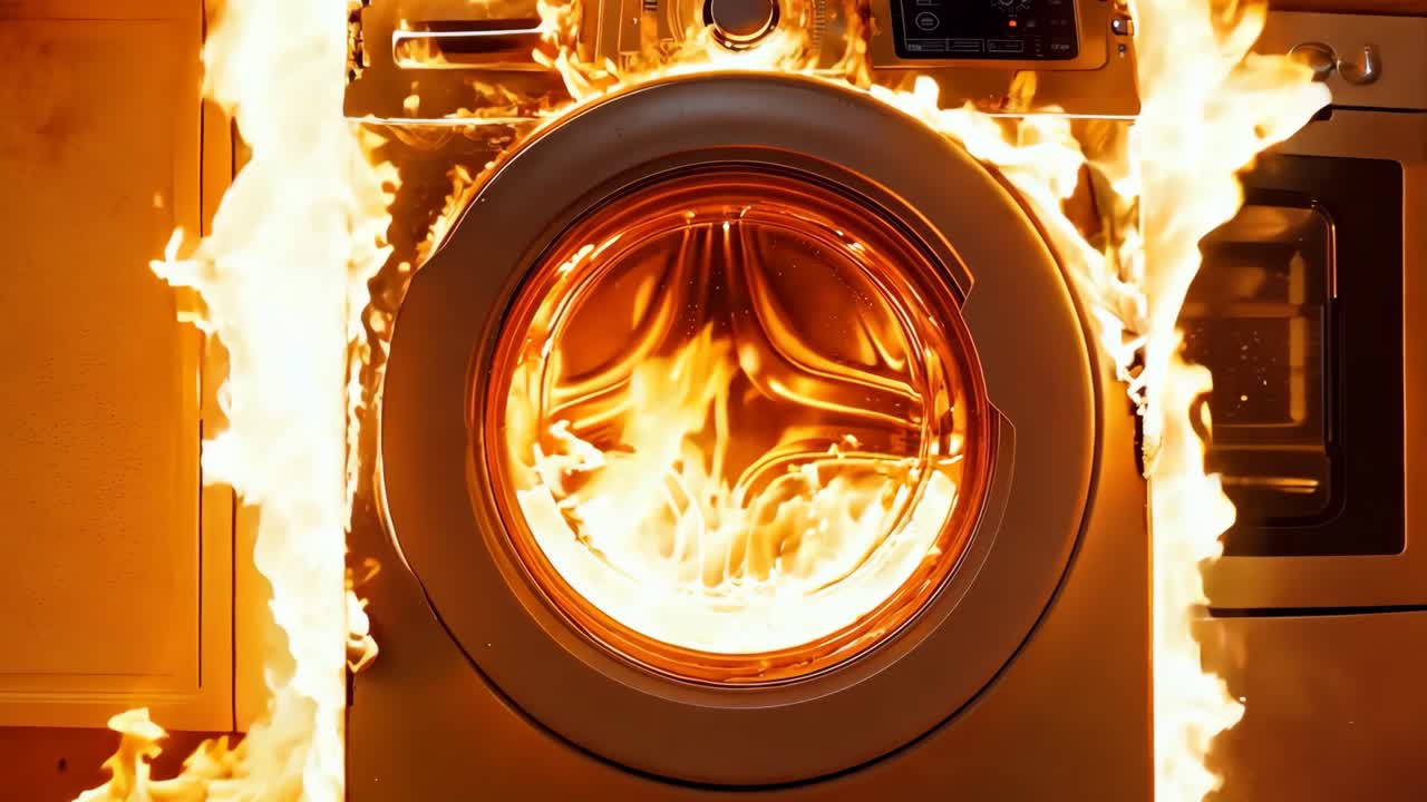 una máquina de lavar ardiendo en una cocina con llamas saliendo de ella
