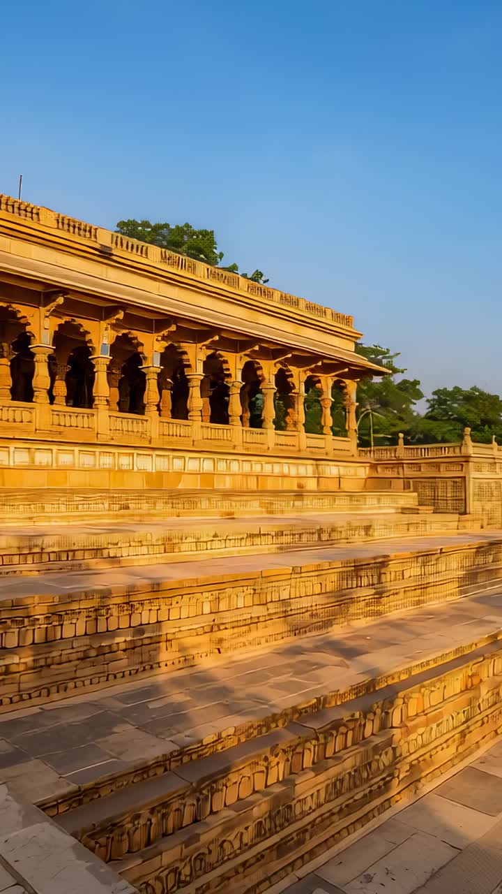Vertical video: Camera panning across golden steps toward carved pillars, revealing relief carvings