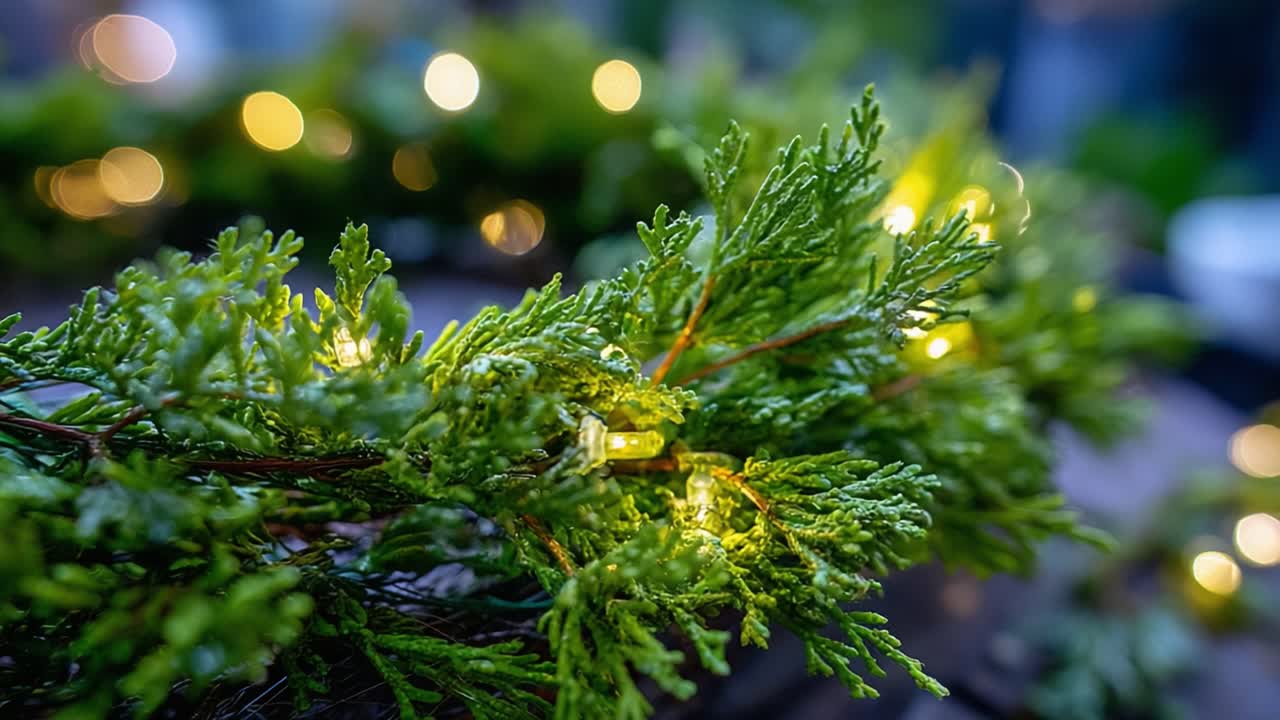 A Festive Display of Glimmering Holiday Lights Amidst Lush Greenery, Capturing the Spirit of Celebration and Warmth in a Cozy Atmosphere