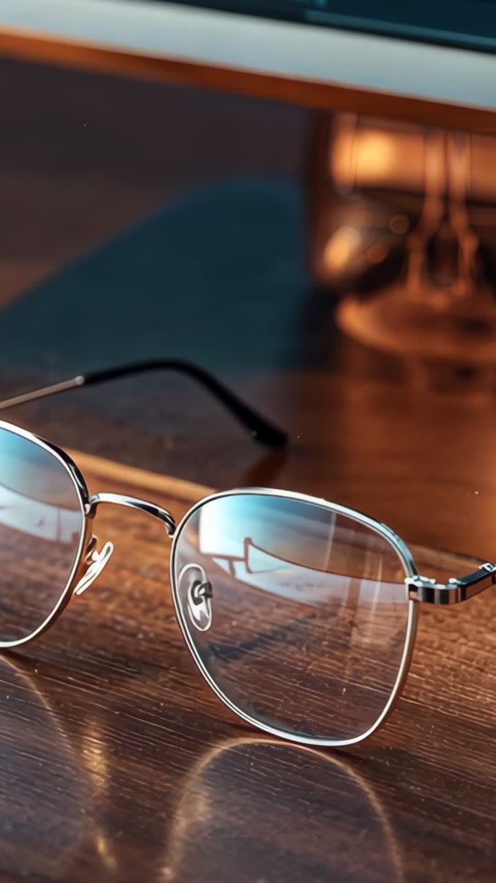 Vertical video: Showing metal-frame eyeglasses resting on desk with monitor base and coffee mug