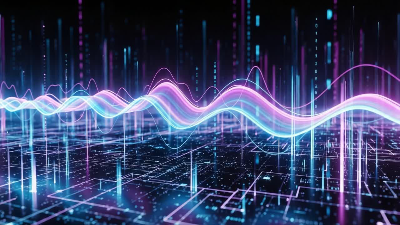 Dynamic Digital Waveforms Representing Data Transmission and Visualization in a Futuristic Network Environment with Pulsating Light Effects and Vibrant Colors