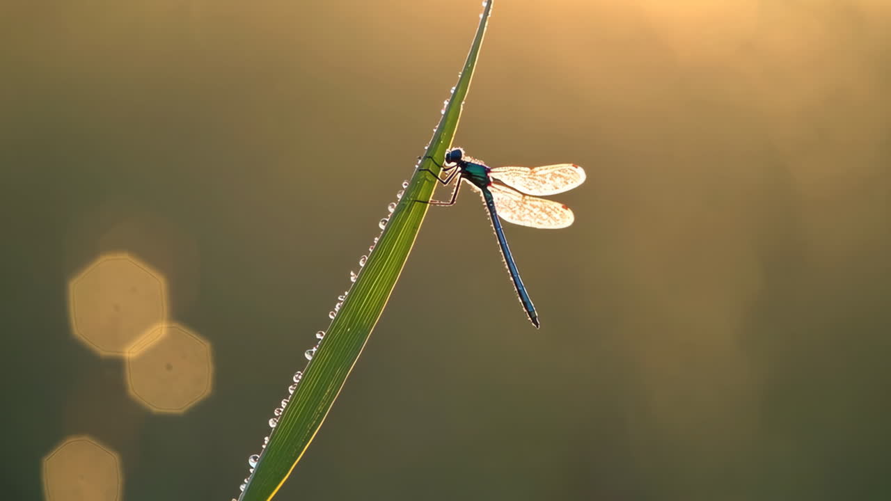 Dragonfly Perched on a Dewy Blade of Grass at Sunrise
