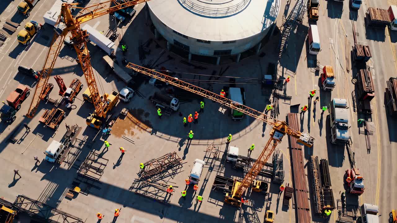 Aerial View of Construction Site with Cranes and Workers