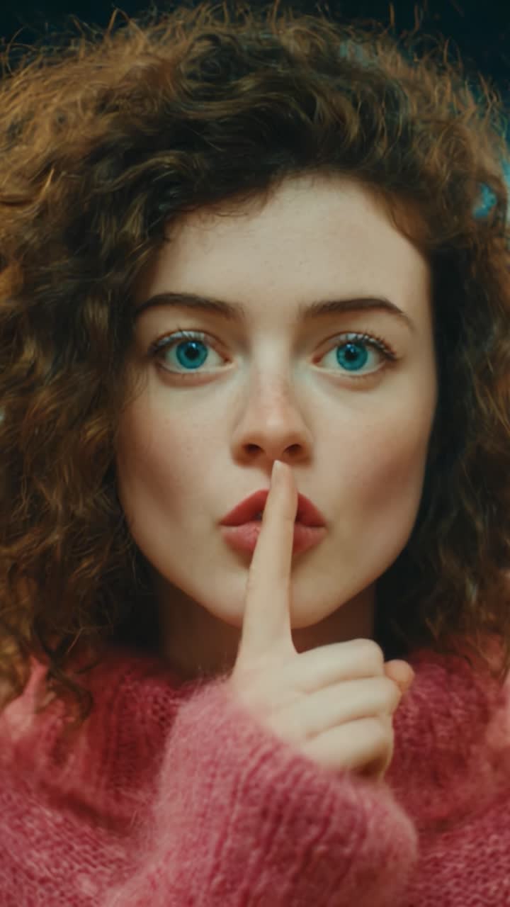 Un momento misterioso: una giovane donna con capelli ricci e sorprendenti occhi azzurri ci zittisce poggiando un dito sulle labbra, evocando mistero e curiosità