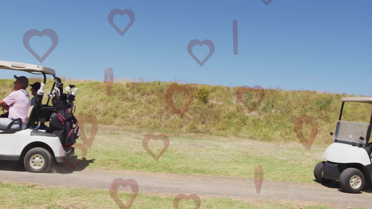 Golfers driving carts on course with heart shapes animation overlay