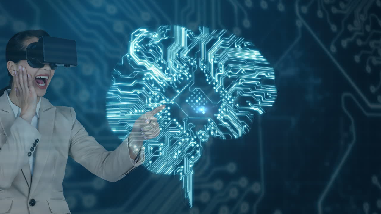 usando auriculares vr e interactuando, mujer con animación cerebral digital sobre placa de circuito