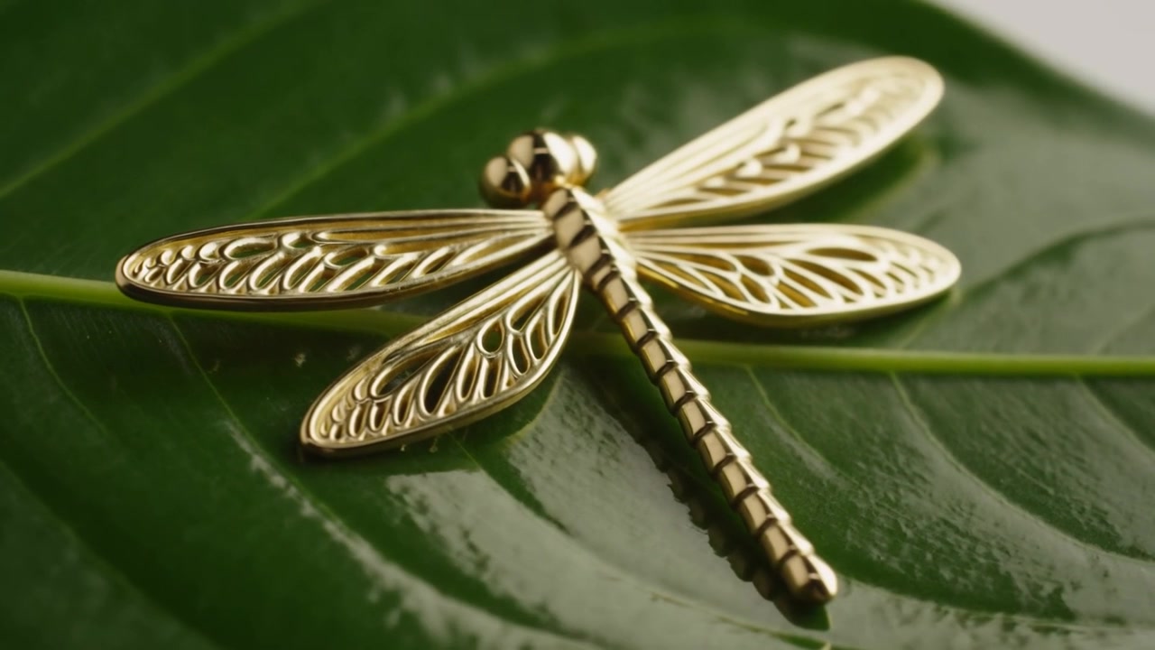 La telecamera si avvicina mostrando una spilla a forma di libellula d'oro che poggia su una grande foglia, rivelando dettagli in filigrana.
