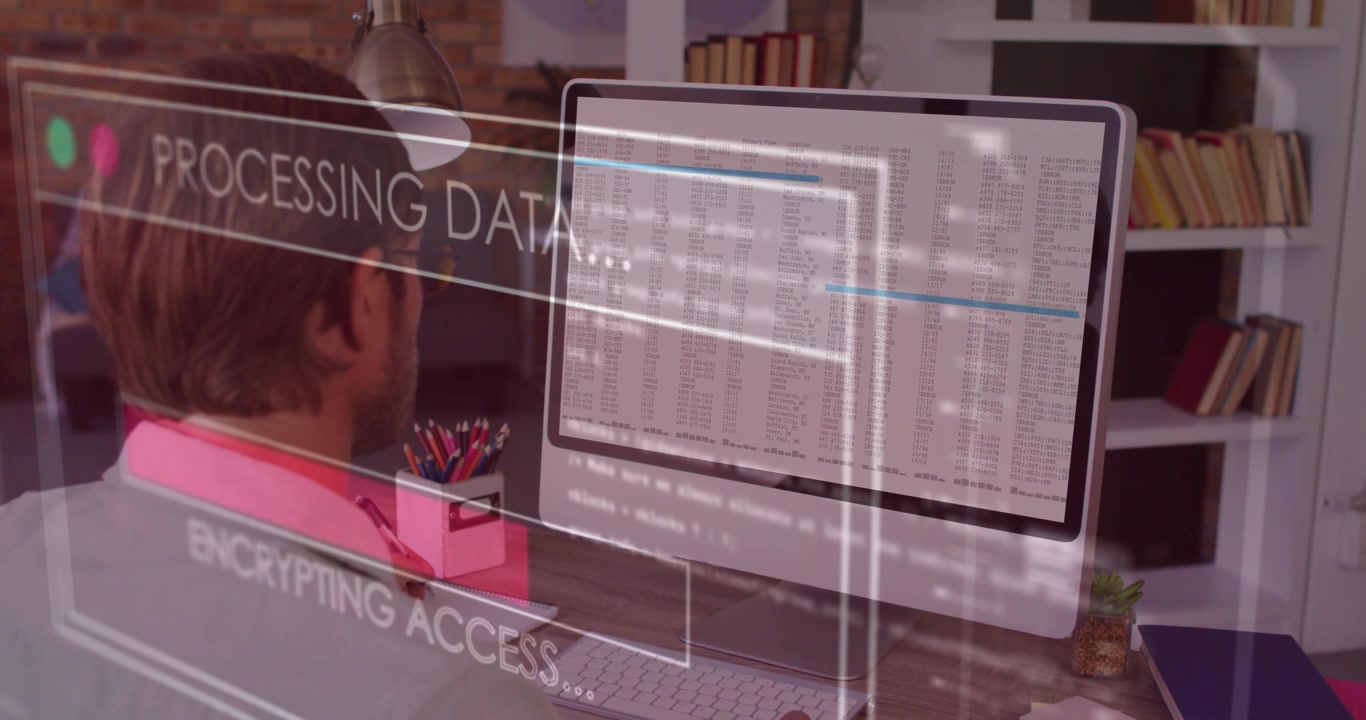 Vertical video: Man at desk monitoring spreadsheet, system initiating HUD processing to reveal data