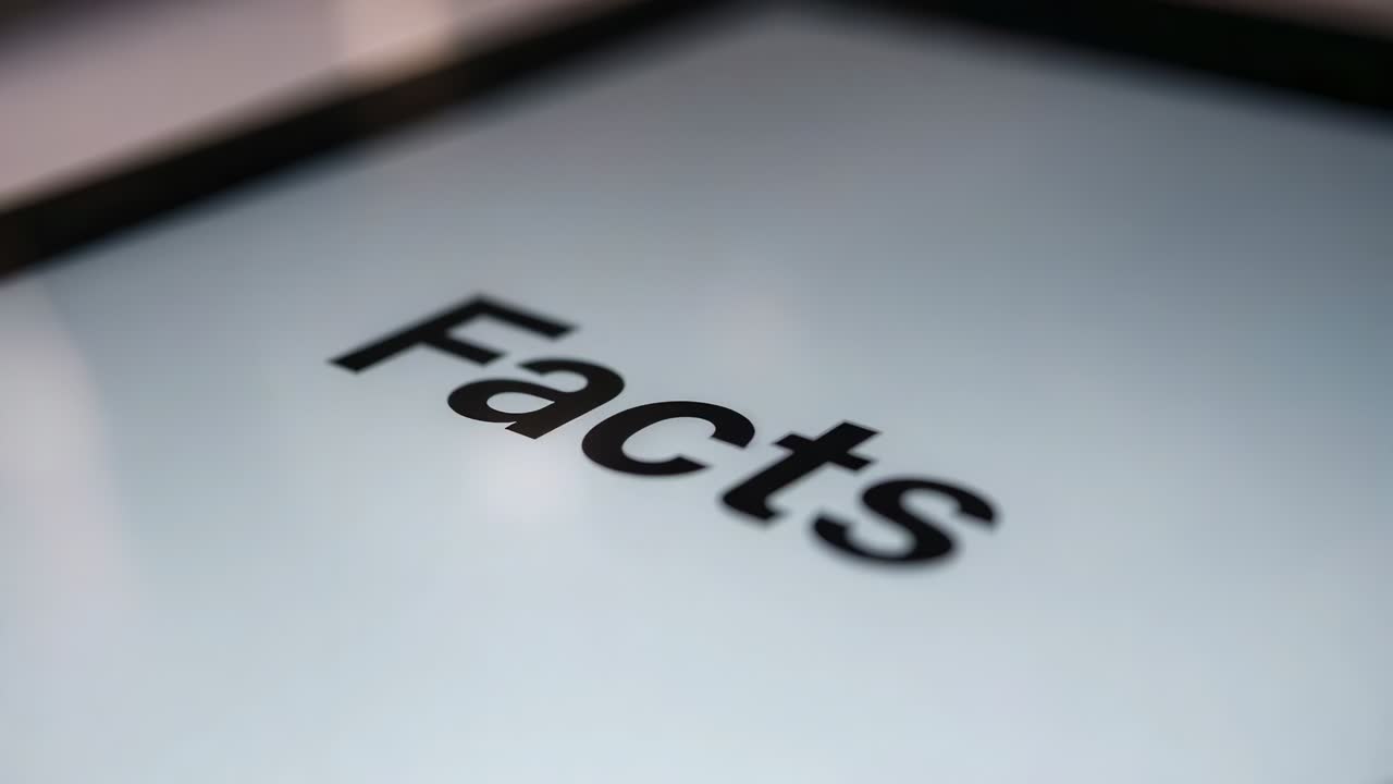 Pulling camera revealing tablet touchscreen displaying Facts on tabletop, centering and sharpening