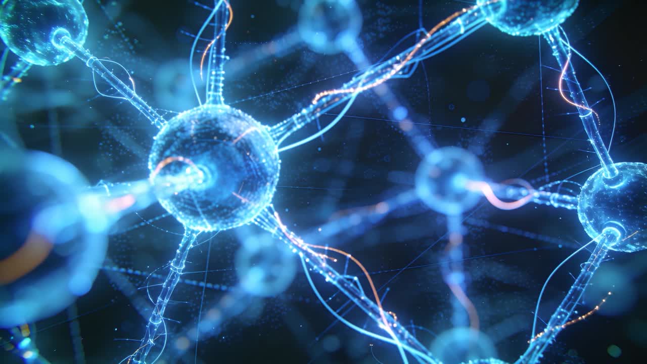 Zooming camera showing glowing sphere in dark net, revealing pulses to show connections