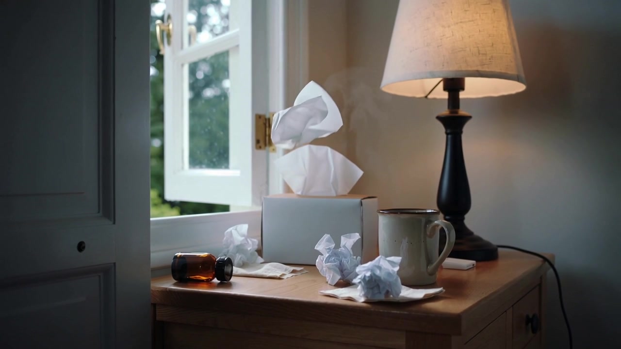 Gentle draft lifting tissues above tissue box on nightstand from open window, with steaming mug
